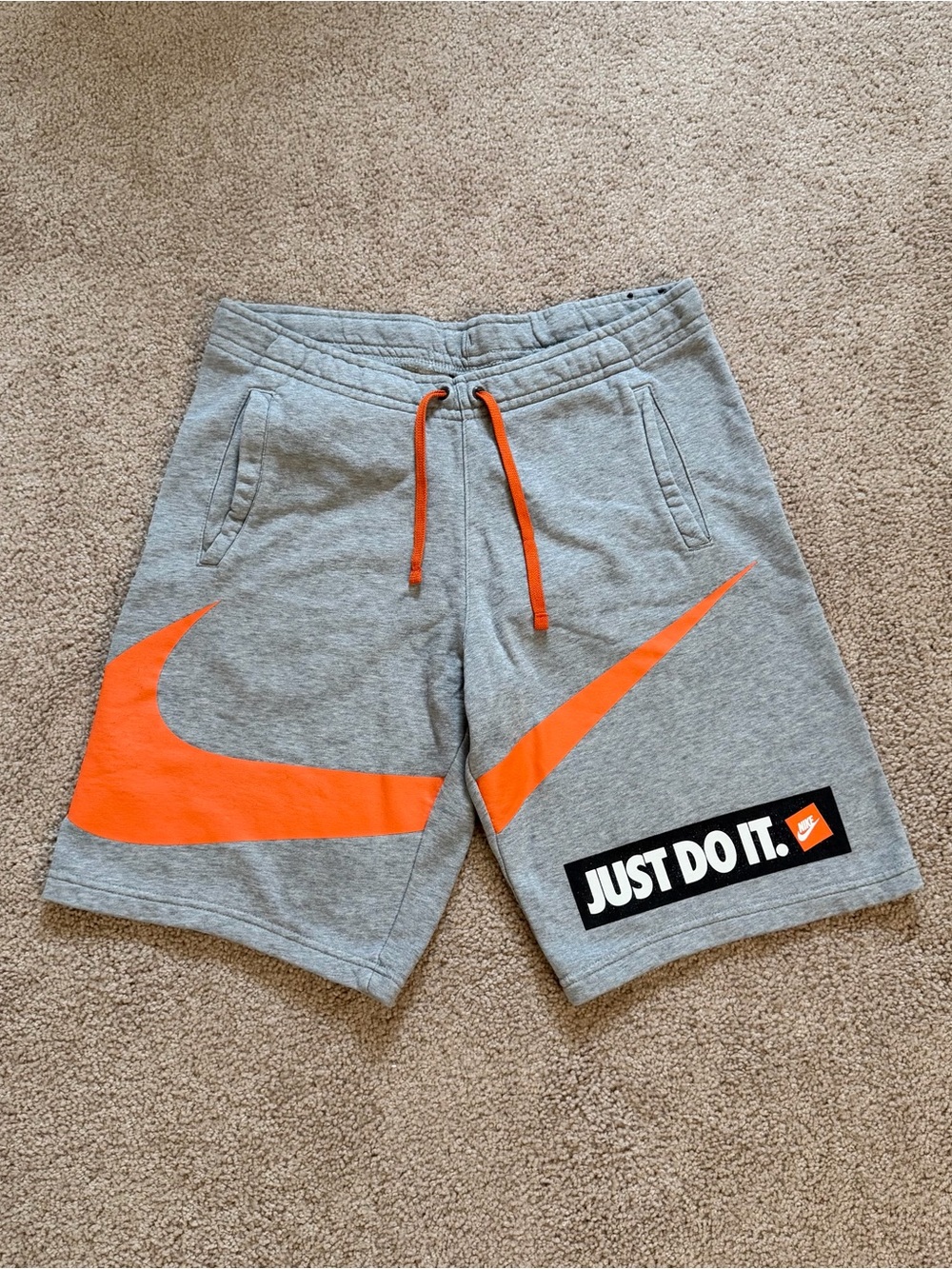 Nike Men’s Gray Sweat Shorts with Orange Swoosh Just Do It Size Medium